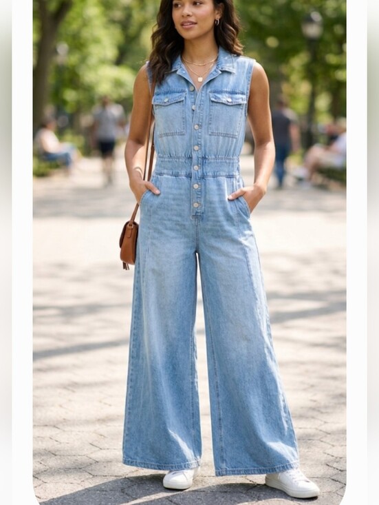 BUCKETLIST Denim - Sleeveless Light Blue Denim Wide-Leg Overalls